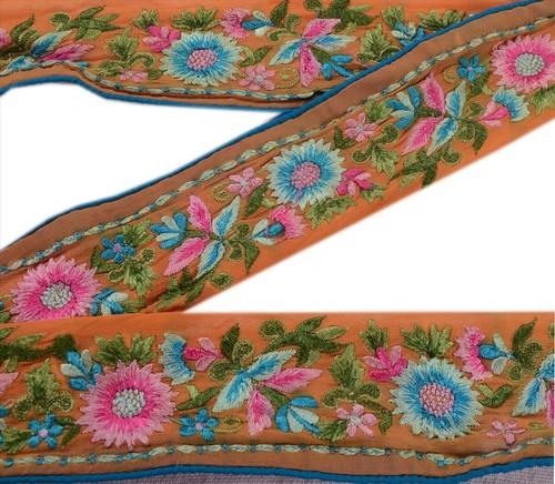 Sanskriti Vintage Sari Border Embroided Craft Trim Lace 1Yd Floral Decor Saffron