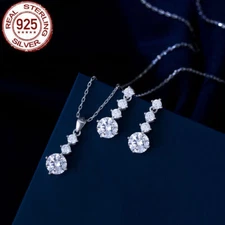 CZ Long Round Pendant Necklace Earrings 925 Sterling Silver White Jewelry Set