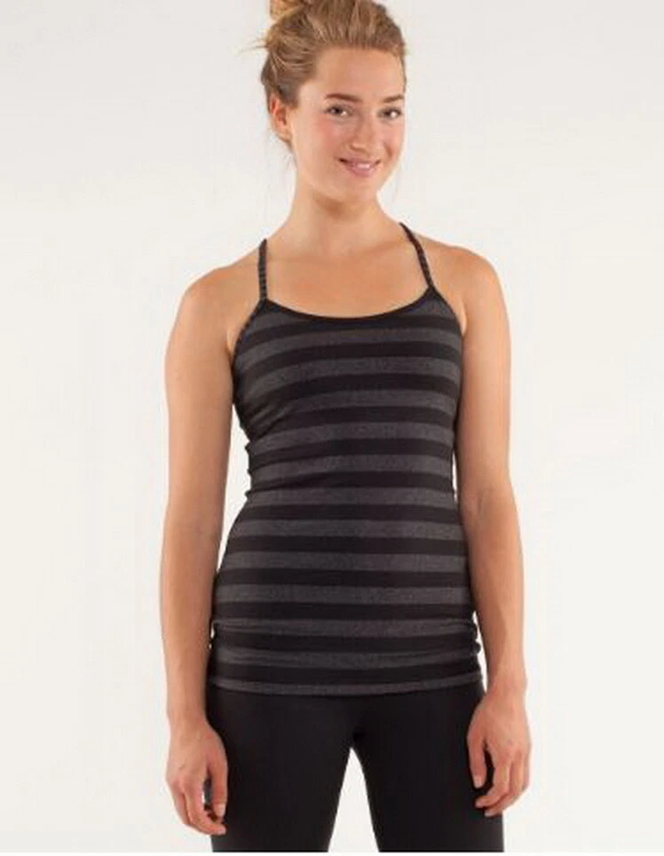 Lululemon Built In Bra Power Y Tank Size 6 Light Black Stripes