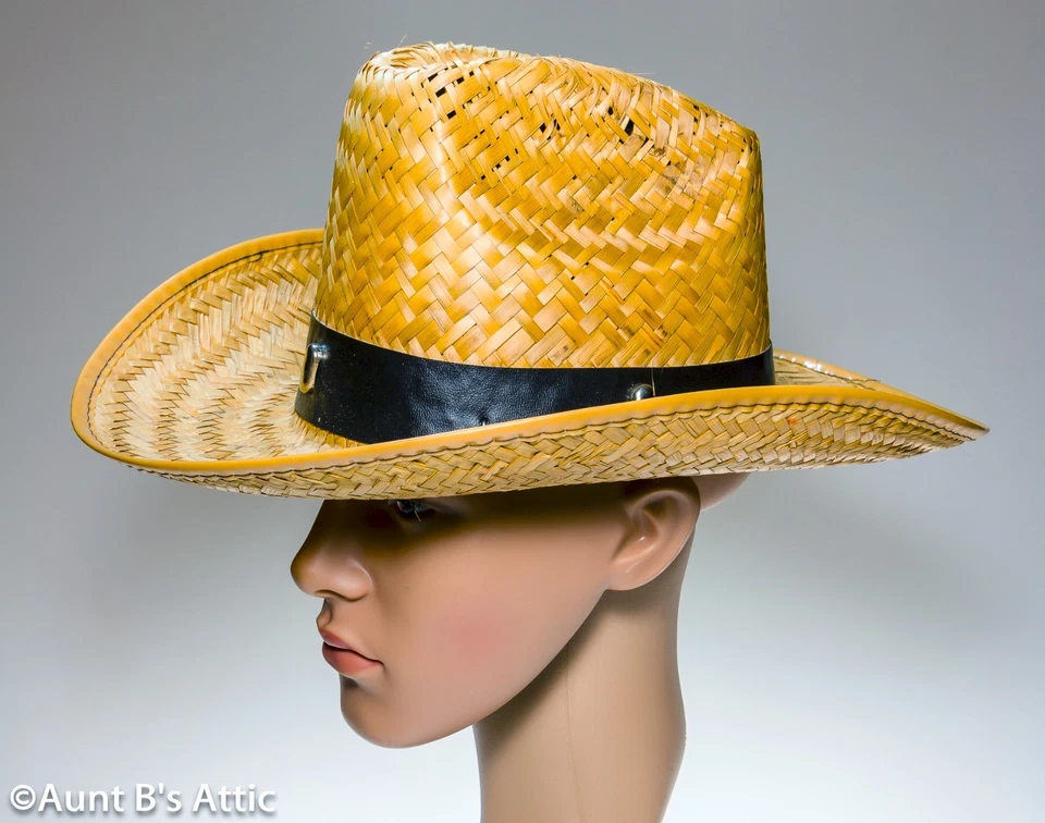 Sombrero de Vaquero Tostado Paja Corona Alta Sombrero Occidental con Banda de Vinilo Negro Talla Única Foto 2 de 3