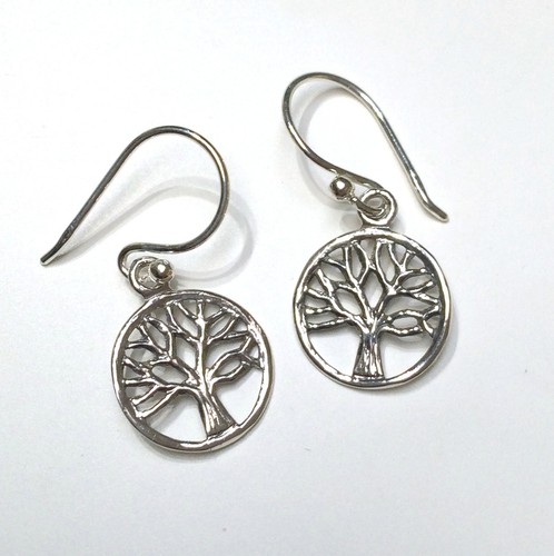 Hamdmade 925 Sterling Silver Small Dainty Tree of Life Drop Earrings - Picture 3 of 6