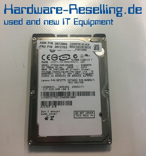 Hitachi Lenovo 60GB 2.5" 5400rpm SATA HTS541660J9SA00 39T2775 0A50517