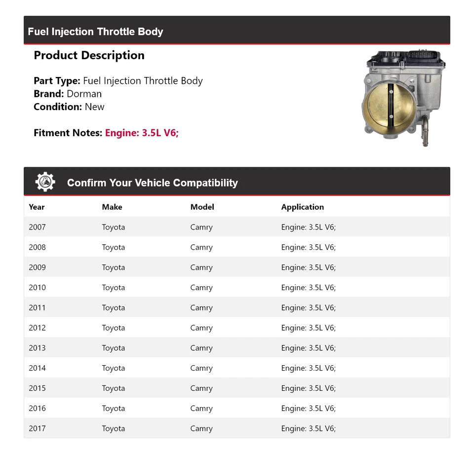 Carrocería de acelerador de inyección de combustible Dorman V6 3,5 L 2007-2017 Toyota Camry 2008 Foto 2 de 4