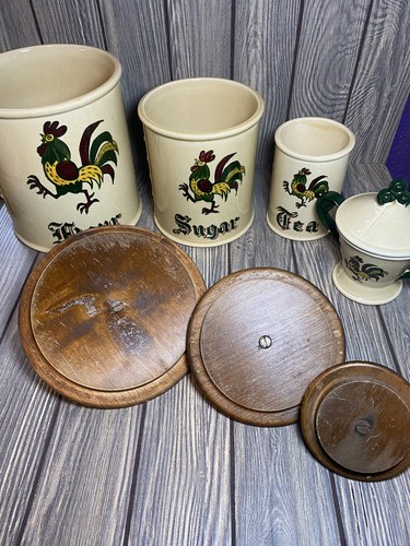 Antique Metlox Poppytrail Rooster Canister Set of 4 Flour Sugar Tea USA 50’s - Picture 16 of 24