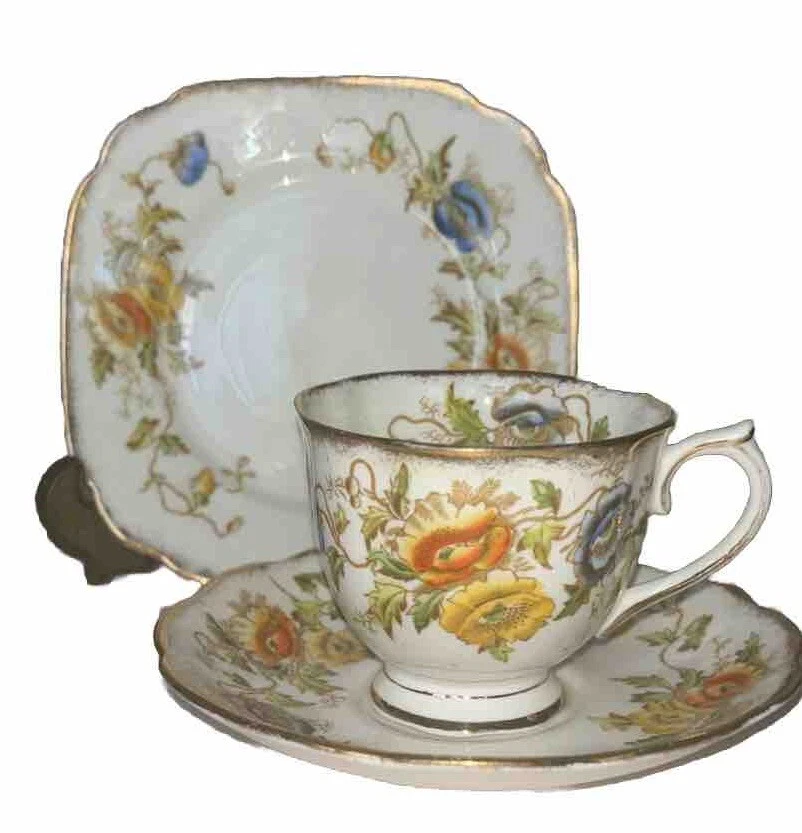 Juego de trío de tazas y platillos Royal Albert Bone China vintage amapolas amarillas y azules 7729 Foto 2 de 4
