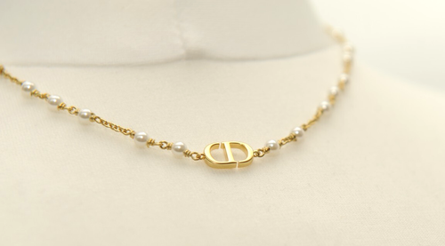 SUPERB DIOR PETIT CD PEARLS NECKLACE GOLD - Picture 3 of 7