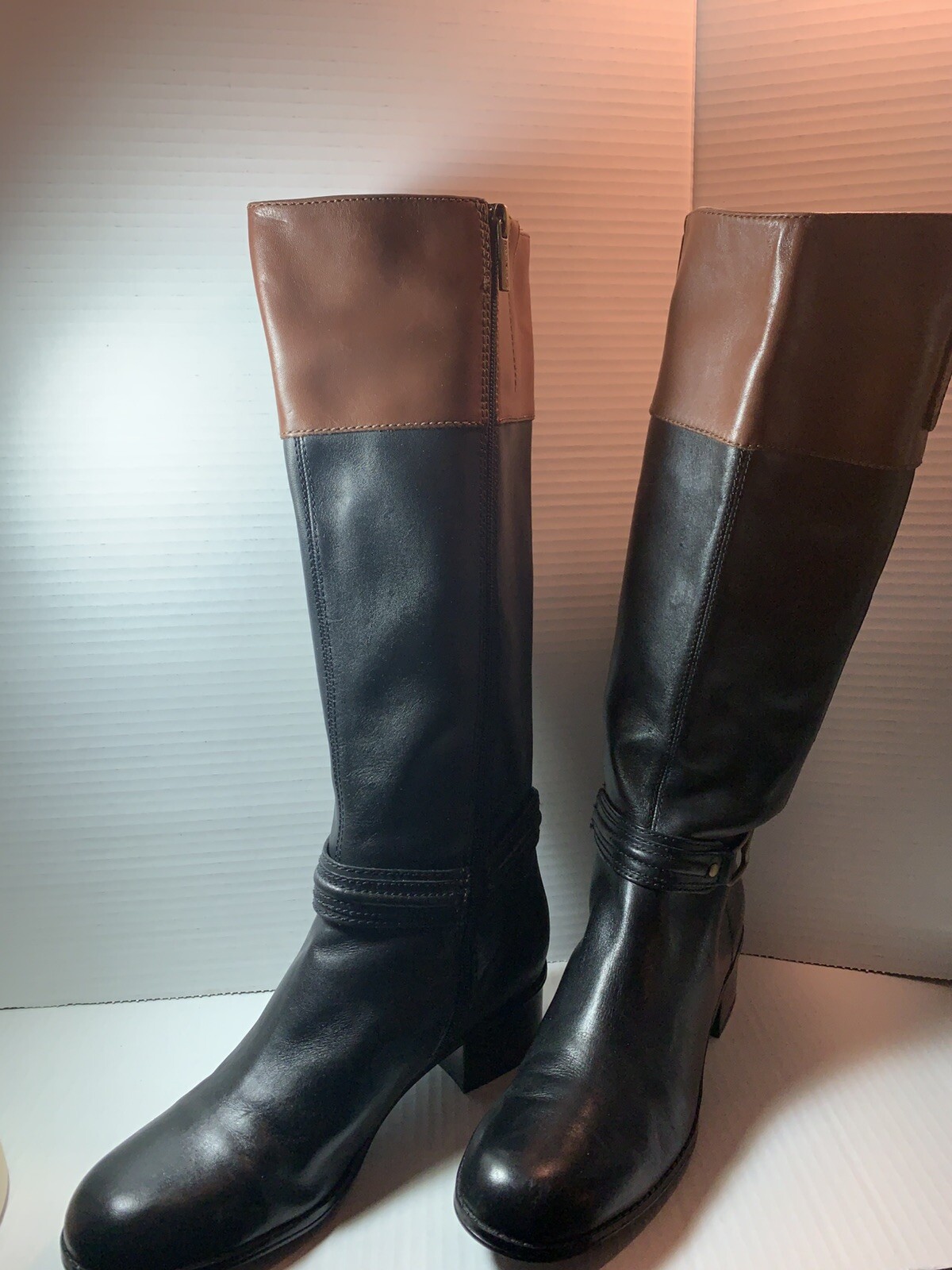Bandolino leather equestrian riding boots black with brown trim tops 8 1/2