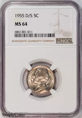1955-D/S Jefferson Nickel NGC MS64 OMM Overmintmark D Over S US Coin