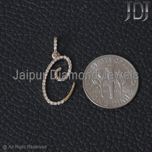 14k Solid Yellow Gold C Initial Natural Pave Diamond Alphabet Letter C Pendant - Picture 10 of 12