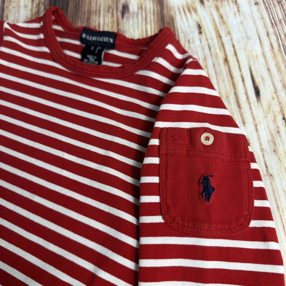 Ralph Lauren Niñas Talla 5 Rojo Blanco Rayas Manga Larga Camisa Top Bolsillo Azul Poni Foto 3 de 4