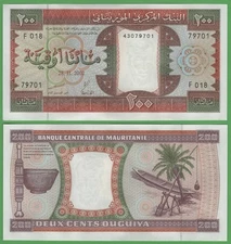 Mauritania 200 Ouguiya Banknote UNC P-5 2002 Dugout Canoe Palm Tree Paper Money