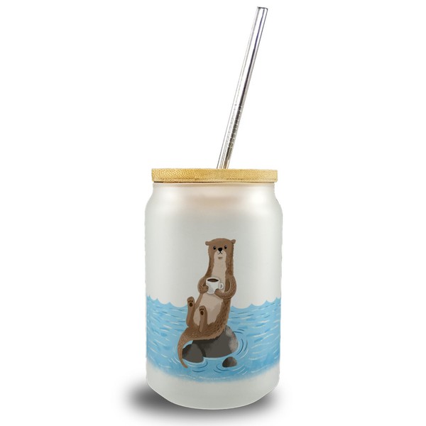 Otter Mit Kaffeetasse Trinkglas Mit Bambusdeckel Im Aquarell-Stil-image