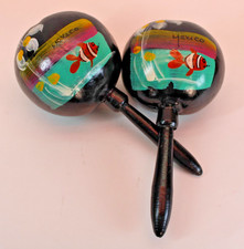 Authentic Handmade MEXICO MARACAS 8" Shakers Tropical Fish on Black Gourds