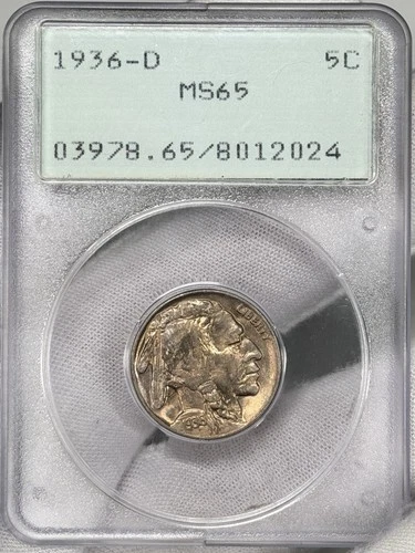 1936-D 5c Buffalo Nickel PCGS MS65 OGH RATTLER Indian Head Denver US Coin!