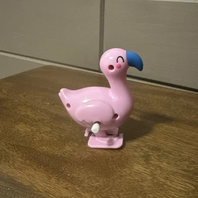 Vintage Pink Wind-up Flamingo Toy Plastic 2.5" Tall Blue Beak - Image 1 of 4