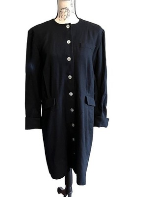 Vintage Alcott & Andrews Black Wool Sheath Dress Button Front Long Sleeve 10