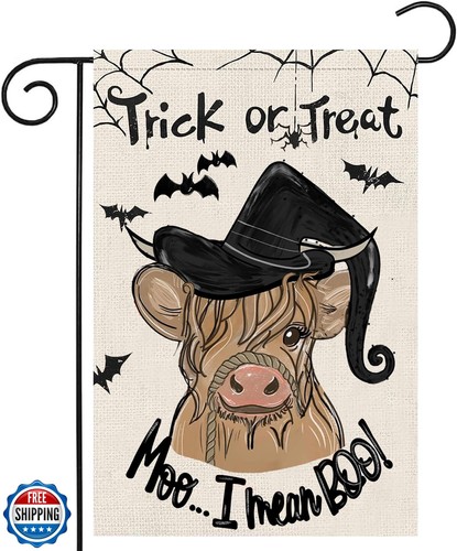 Halloween Trick or Treat Garden Flags 12x18 Double Sided, Highland Cow BOO Ya