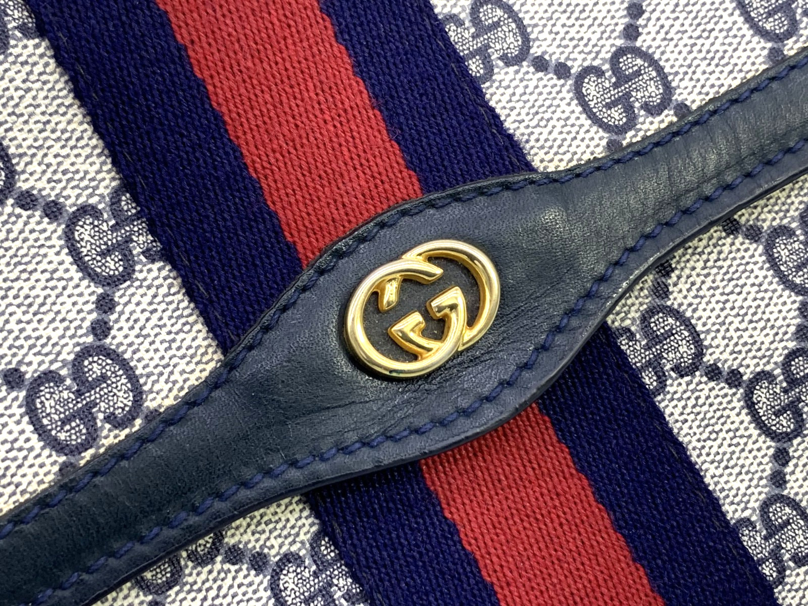 Gucci Vintage Clutch Bag Handbag Purse Sherry GG Supreme Navy Large Authentic thumbnail 5