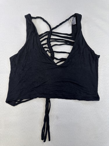 SPARKLE FADE Boho Neck Sleeveless Strappy Cutout Crop Top Womens S Black Cotton