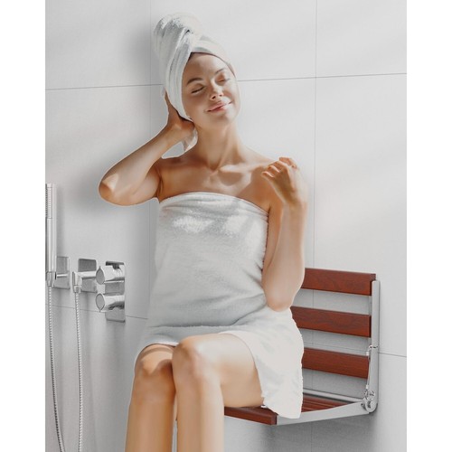 16” Wall-Mounted Foldable Shower Seat – Red-Brown Wood & Stainless Steel Frame