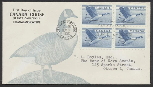 1952 #320 Canada Goose FDC Block Unusual Cachet Ottawa