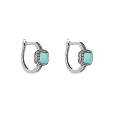 Native America Square Turquoise English Lock Stud Earrings 925 Solid Silver
