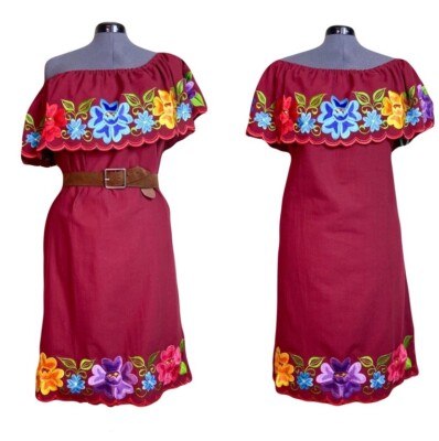Mexican Off Shoulder Dark Red Dress Embroidered Floral Medium Cotton Linen  | eBay