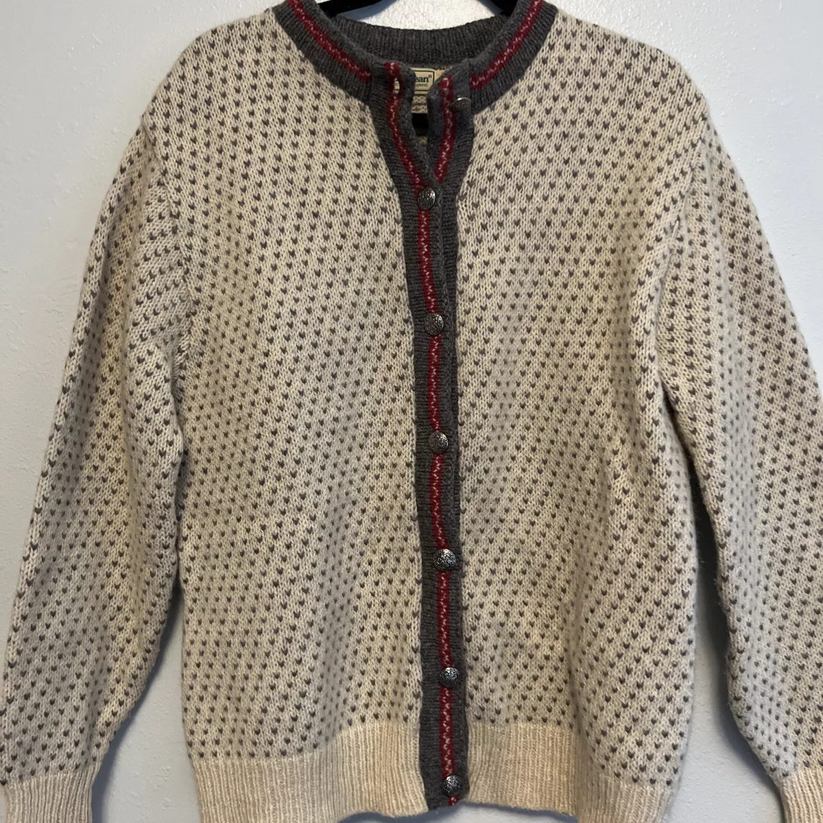 women xl sweater LLBean Nordic Fair Isle Wool Pewter Button