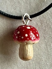 MUSHROOM CLAY PENDANT NECKLACE by : Rachel ~ Hand Made in USA ~ RED -
