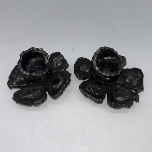 VTG Brutalist Metal Set Of 2 Candlestick Holders Made In US Flower Wrought IRON - Picture 1 of 15