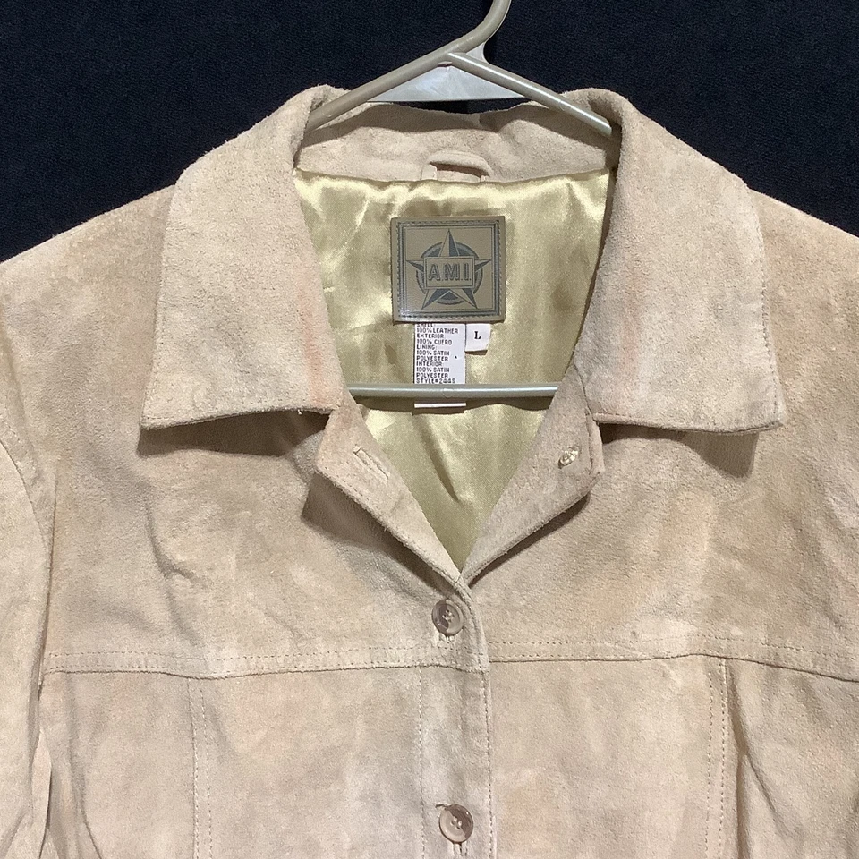 Chaqueta de cuero de gamuza AMI para mujer grande con botones forro satinado rubio tostado Foto 3 de 4