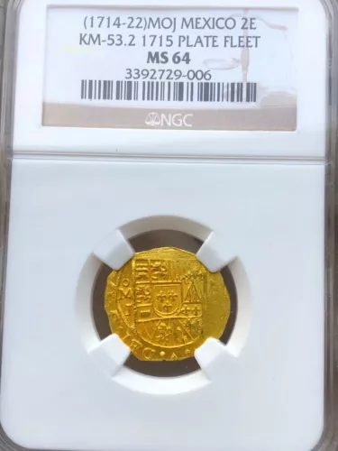 MEXICO 2 ESCUDOS 1714 1715 FLEET NGC 64 PIRATE GOLD COINS SHIPWRECK TREASURE