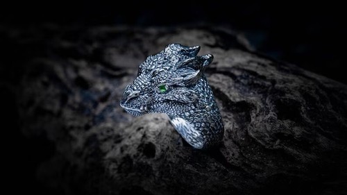 Anillo de regalo de aniversario con diseño de cabeza de dragón único para hombre en plata 935 Argentium - Imagen 3 de 9