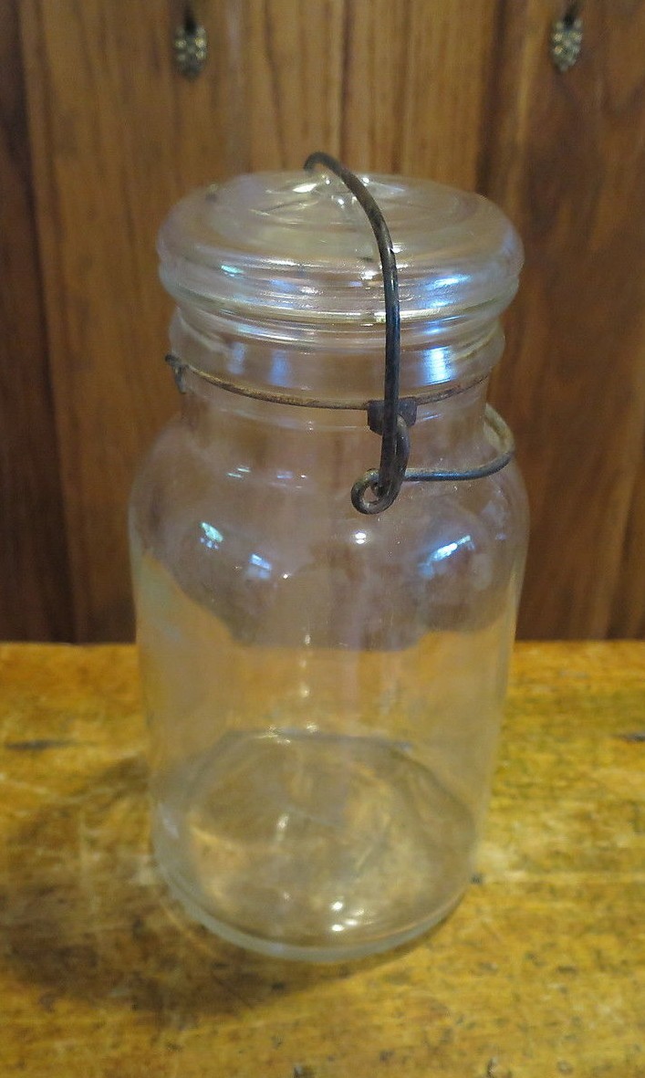 Old Vtg Hazel Atlas Canning Jar Quart Glass Lid Wire Bale TF8 Bottom of