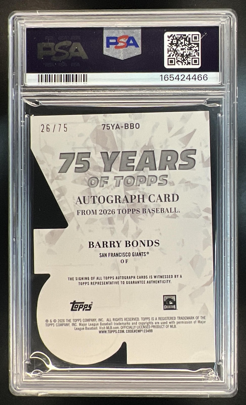 2026 Topps Barry Bonds 75 Years of Topps Auto Die-Cut #26/75 PSA 10 K659 view 2