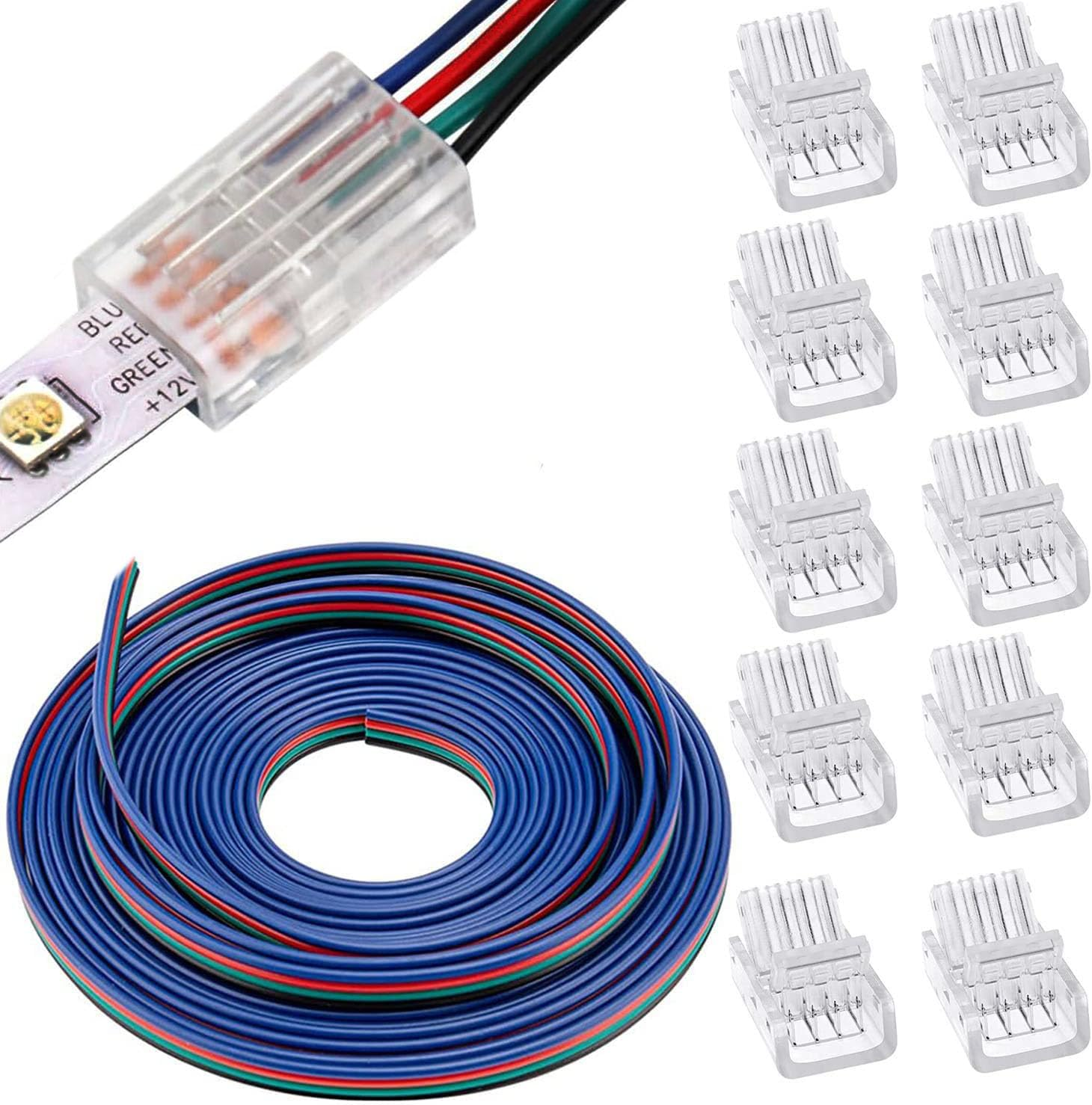 5050 4 Pin 10Mm RGB LED Light Connector Kit, Includes 5 M Led Extension Cable,4