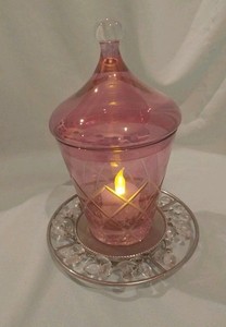 Set 3 Cranberry glass jar w/lid 6.5" BONUS Jeweled silver base + tealite candle