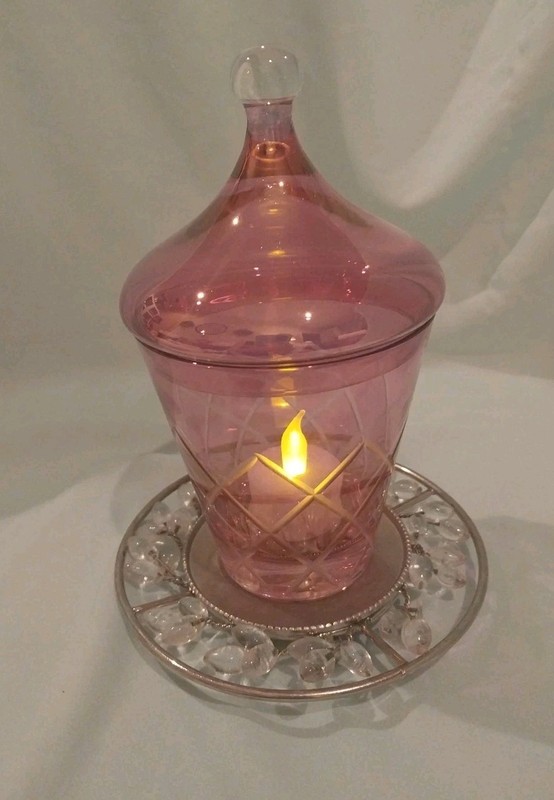 Set 3 Cranberry glass jar w/lid 6.5" BONUS Jeweled silver base + tealite candle