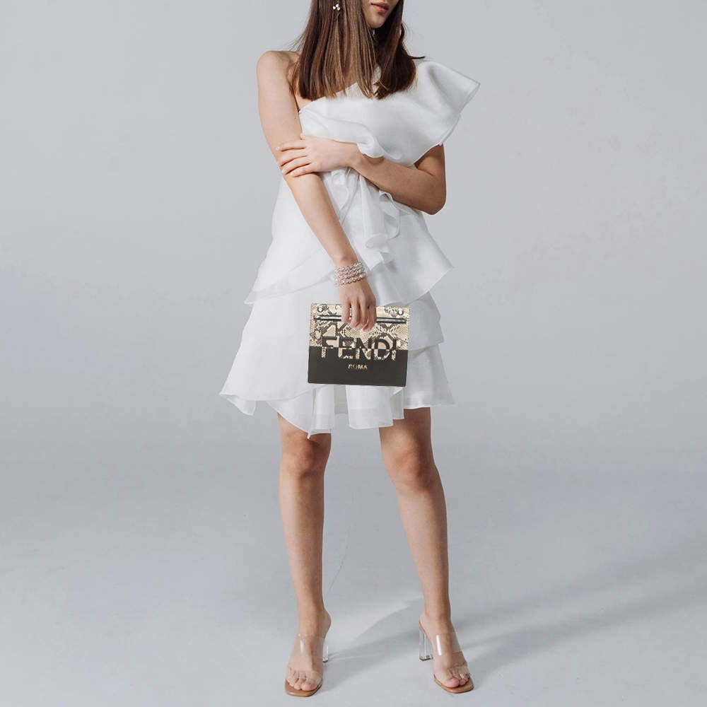 Fendi Logo BrownBeige Leather and Python Flat Pou… - image 2