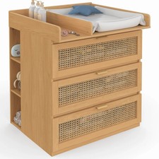 Commode à langer évolutive EDHEN bois et cannage 3 tiroirs, table à langer et 2