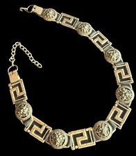 90 s Versace Italy Pewter Lion s Head Greek Key Chain/Leather Chain Belt