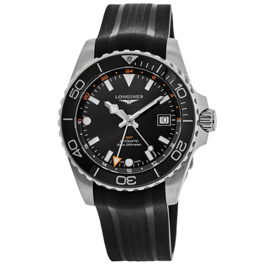 Nuevo reloj Longines HydroConquest GMT esfera negra correa de goma para hombre L3.790.4.56.9