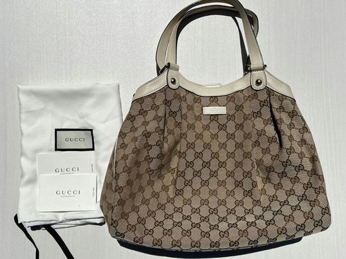 GUCCI GG Tote Hand Bag Magnetic Leather Canvas Brown White Silver Hardware Japan