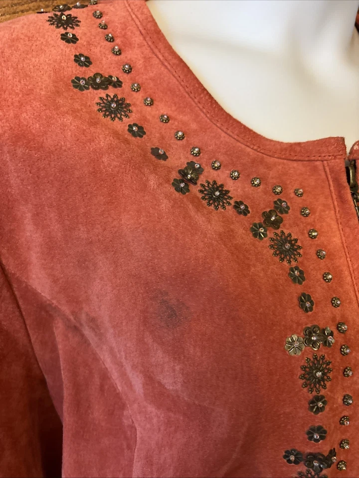 CHAQUETA VINTAGE Pamela McCoy tachonada cremallera cuero gamuza genuino para mujer talla 2X Foto 3 de 4