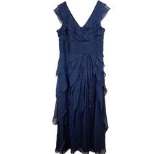 Adrianna Papell Navy Chiffon Ruffle Gown MAXI TIERED Dress WOMEN 16 FORMAL