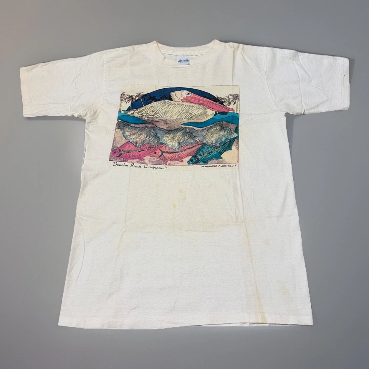 Vintage 90s Pelican Bird Art Draw Dunedin Campground Florida White T-Shirt Large