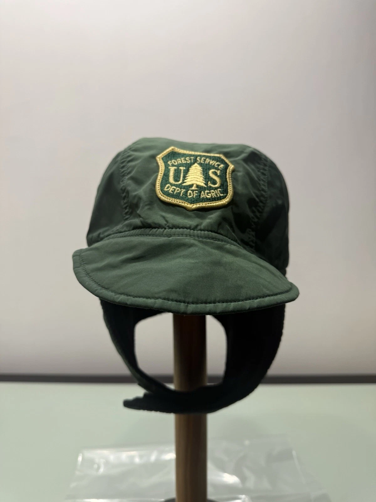 US Forest Service Hat Patch Ear Flaps Green Winter Fleece Lined Adult Size Rare