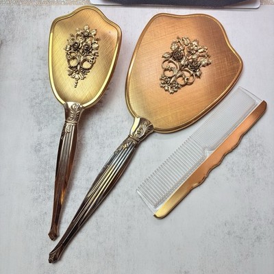 Vtg NYLON, USA Vanity Set Hand Mirror, Hair Brush, Comb Gold Color Trim OG Box