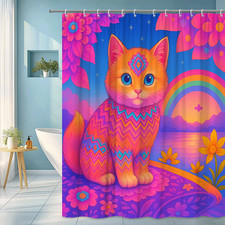 Cute Colorful Cat Shower Curtain with Flowers and Rainbow Design