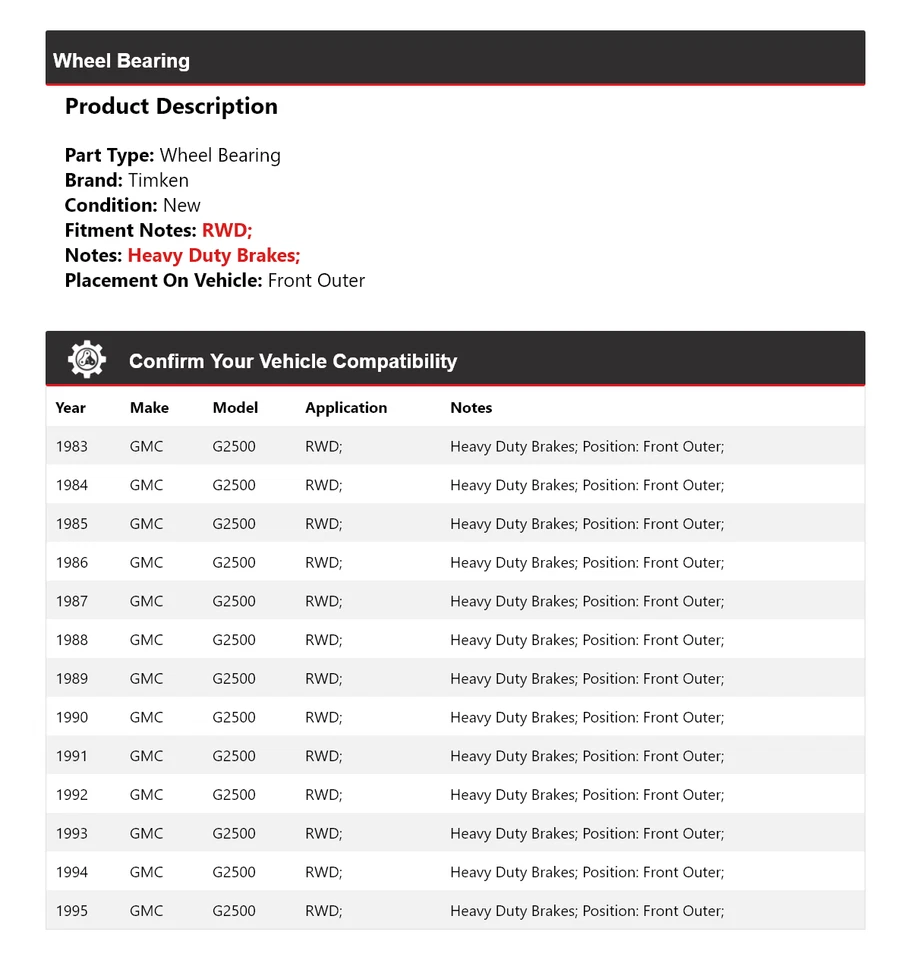 Para 1983-1995 GMC G2500 RWD rolamento de roda dianteiro externo Timken 1984 1985 1986 1987 - Imagem 2 de 4